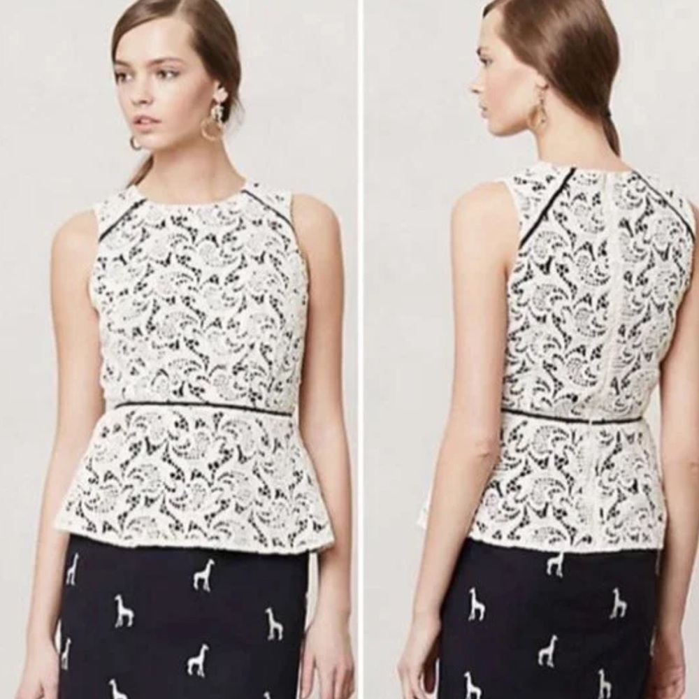 Anthropology Maeve Women White/Beige Knit Crochet Sleeveless Peplum Top Size 0.